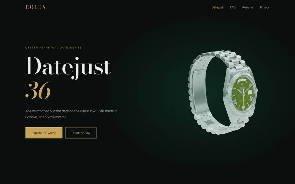 Datejust 36 concept homepage with a 3D watch